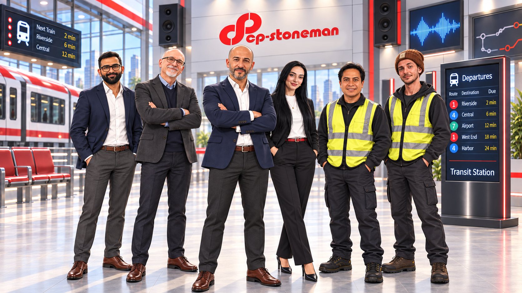 Illustration of the CP-Stoneman team in a transit and audio technology setting